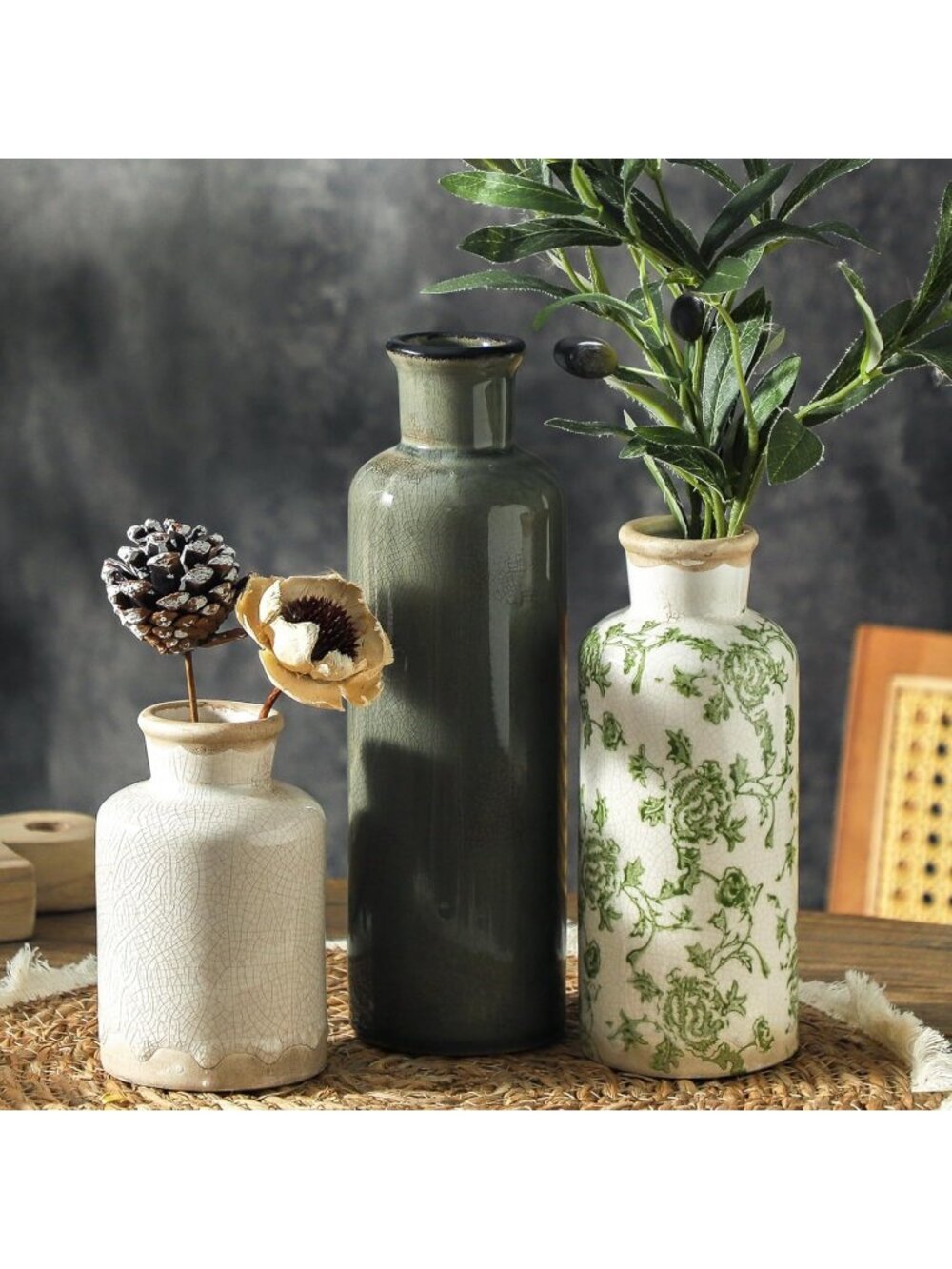 Ceramic Vintage Flower Vase Set of 3 Floral Rustic Farmhouse Living Room Decor